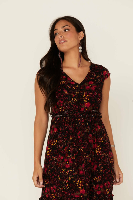 Idyllwind Women | Black Floral Willow Branch Midi Dress