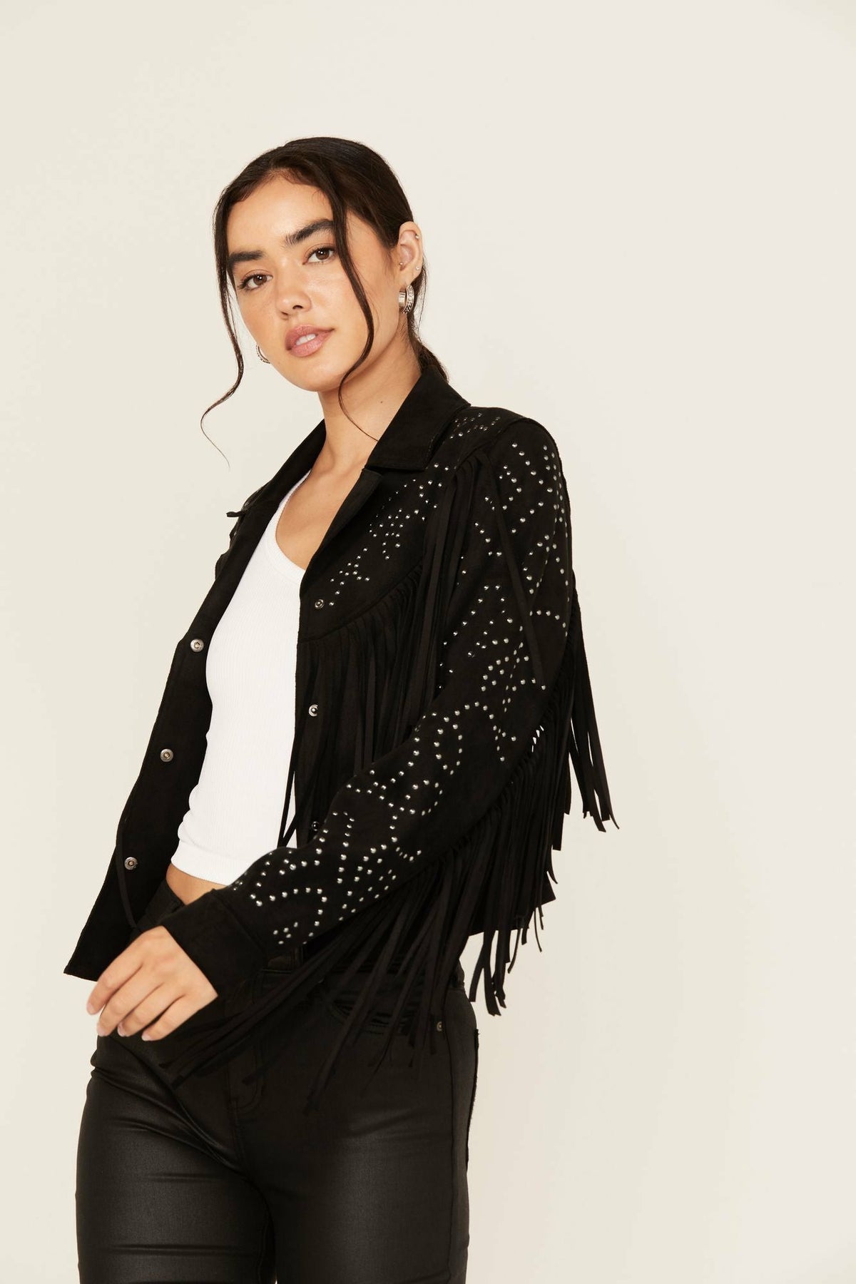 Idyllwind Women | Blair Fringe and Studded Faux Suede Snap Jacket