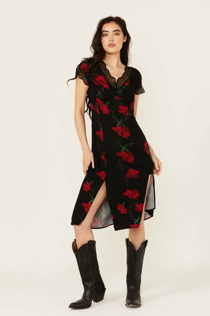Idyllwind Women | Rosely Floral Print Lace Trim Midi Dress