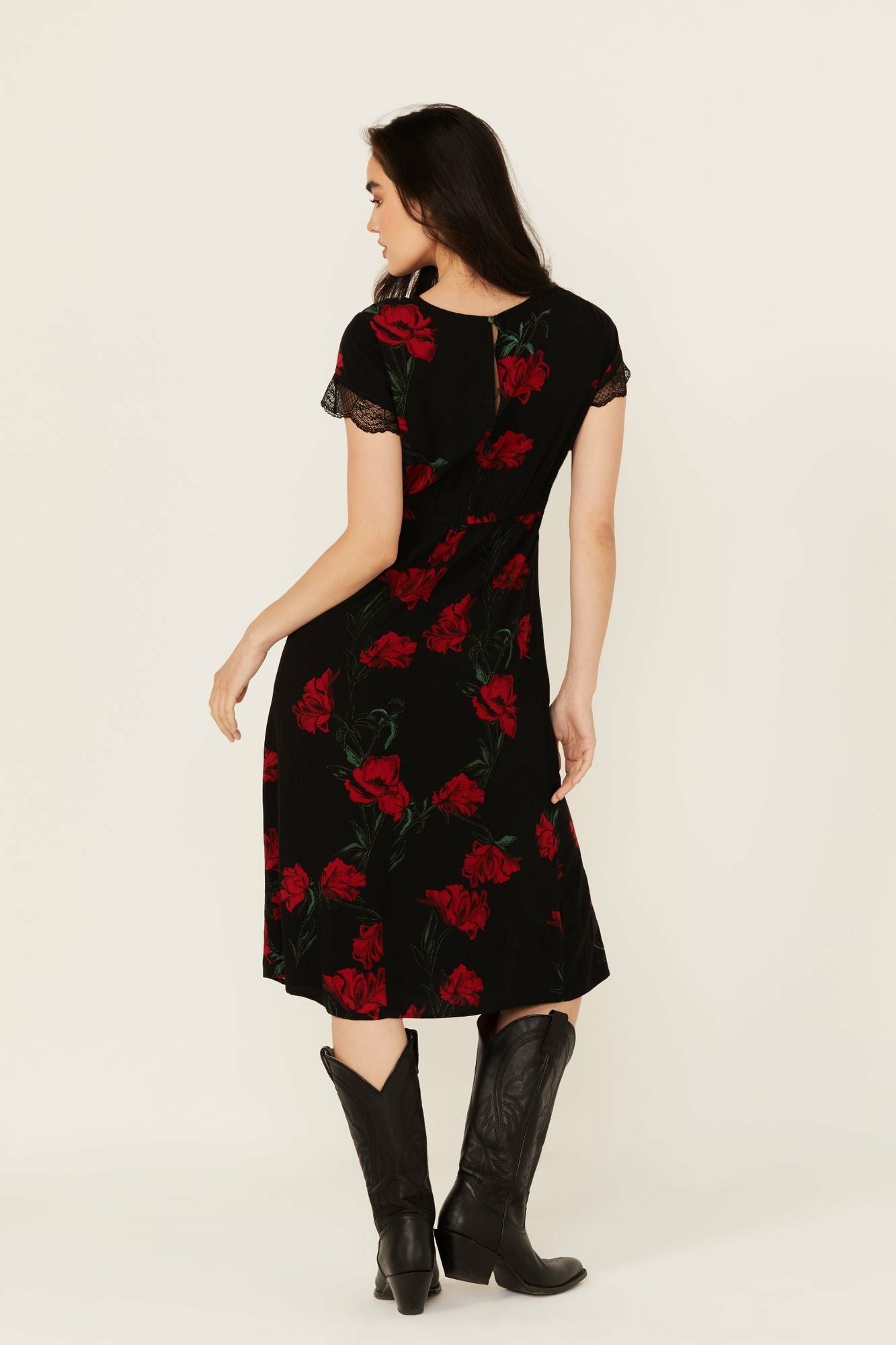 Idyllwind Women | Rosely Floral Print Lace Trim Midi Dress