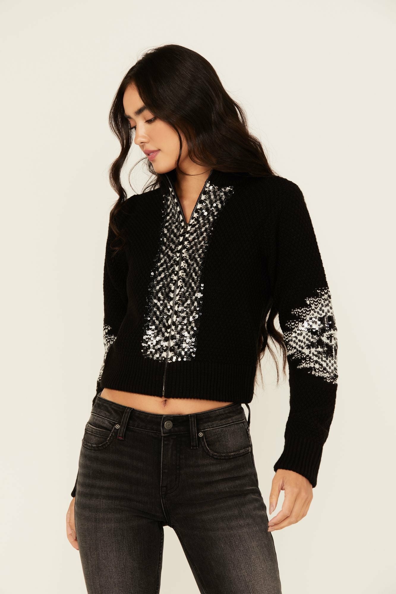 Idyllwind Women | Dallas Sequins Cropped Zip Front Sweater