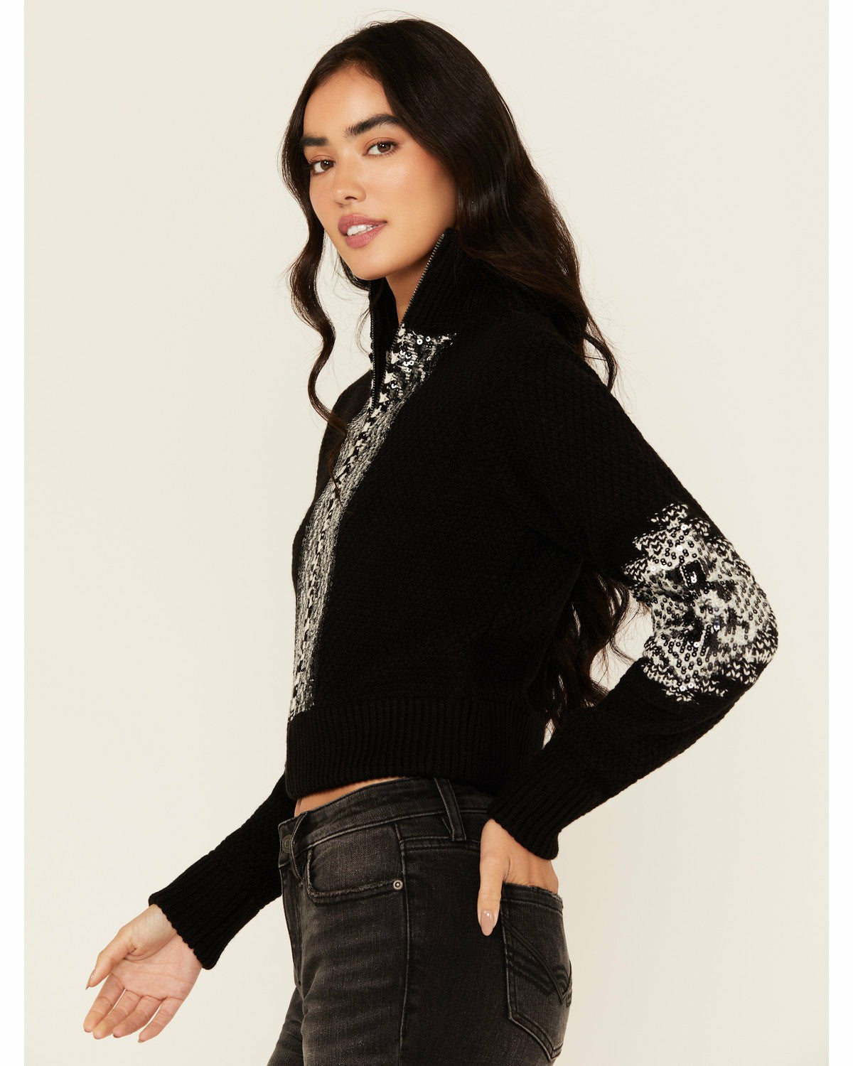 Idyllwind Women | Dallas Sequins Cropped Zip Front Sweater