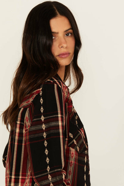 Idyllwind Women | Glenmond Dobby Plaid Print Long Sleeve Snap Flannel Shirt