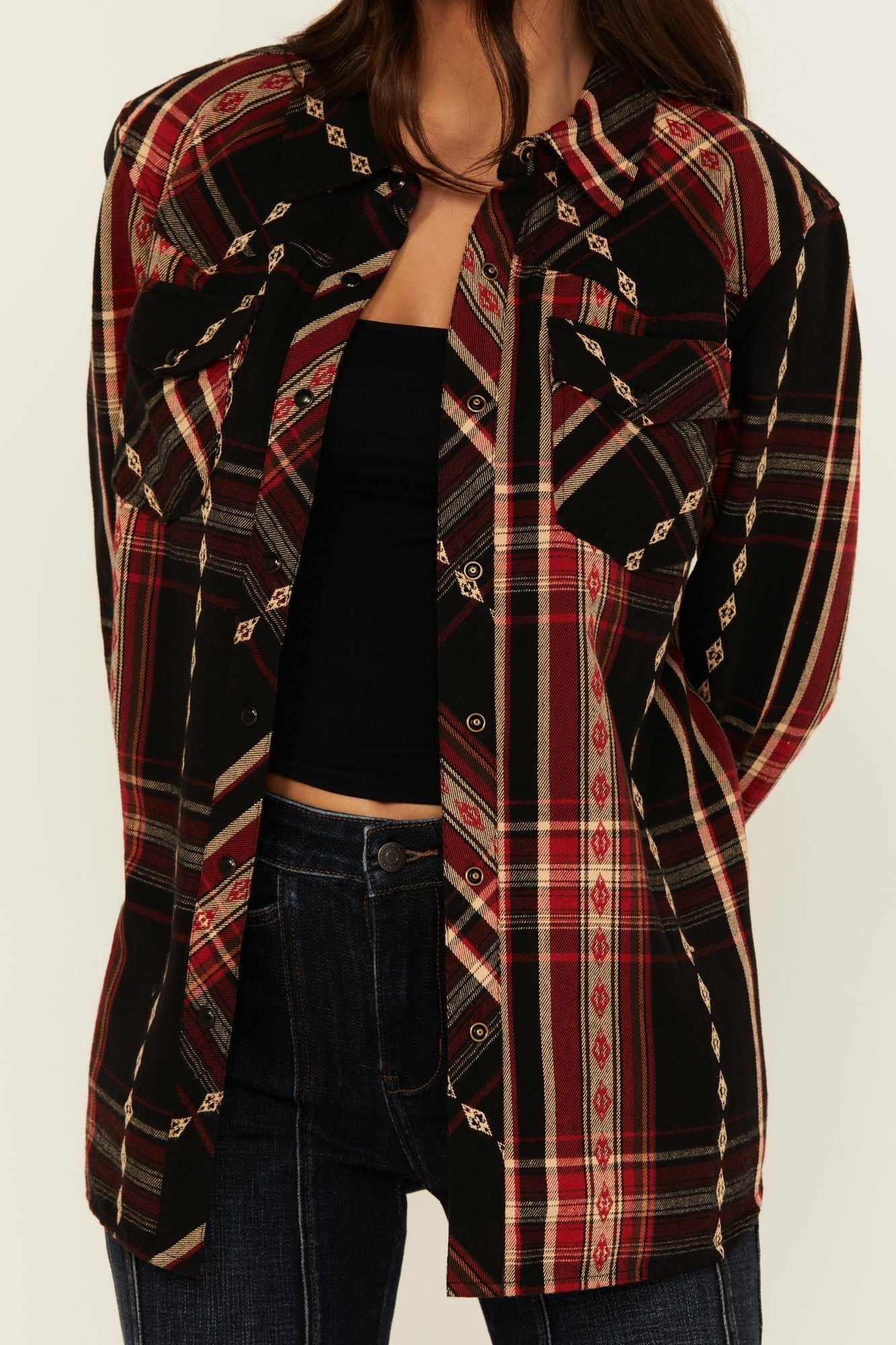 Idyllwind Women | Glenmond Dobby Plaid Print Long Sleeve Snap Flannel Shirt