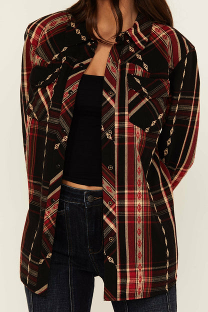 Idyllwind Women | Glenmond Dobby Plaid Print Long Sleeve Snap Flannel Shirt