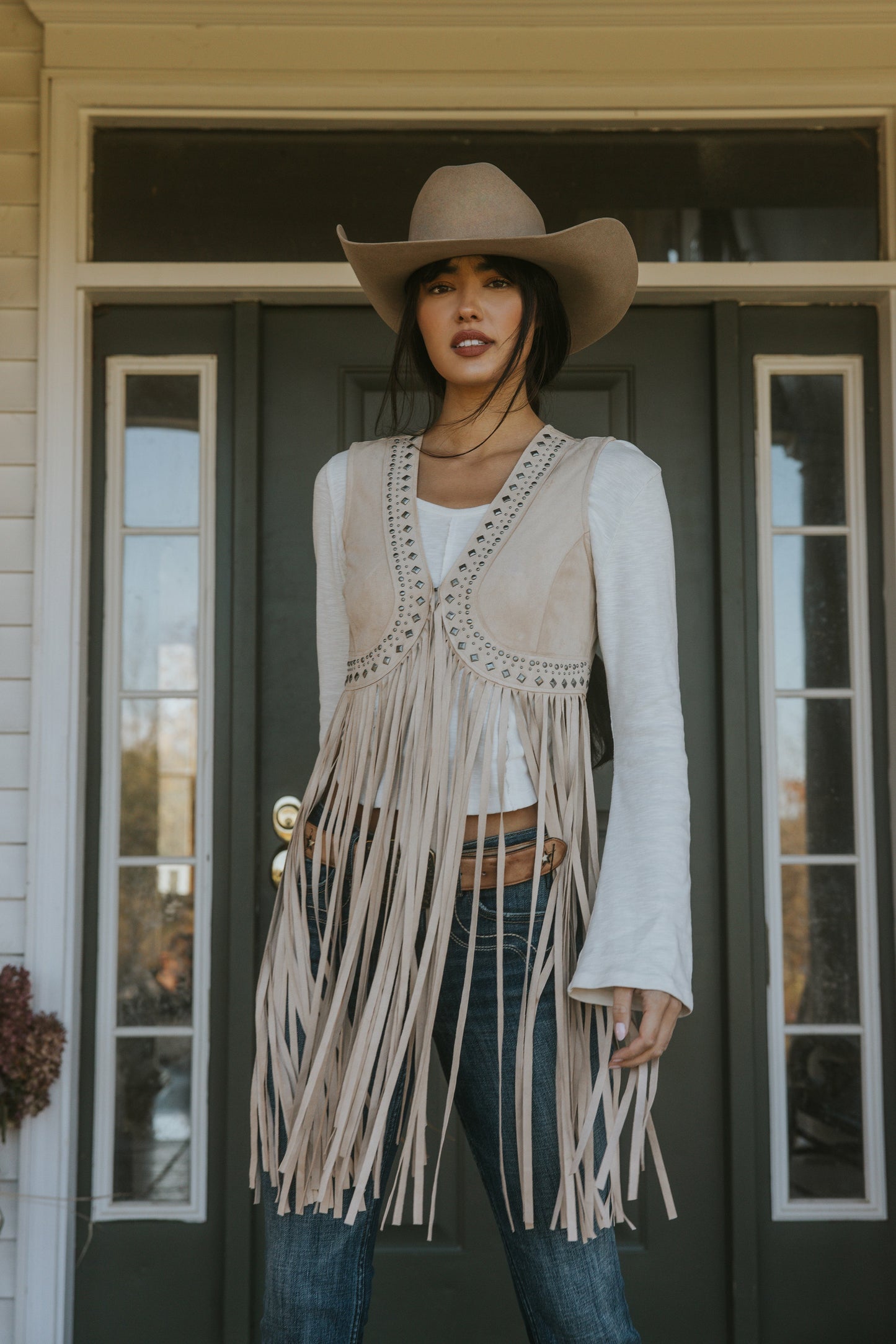 Idyllwind Women | Walnut Studded Fringe Faux Suede Vest