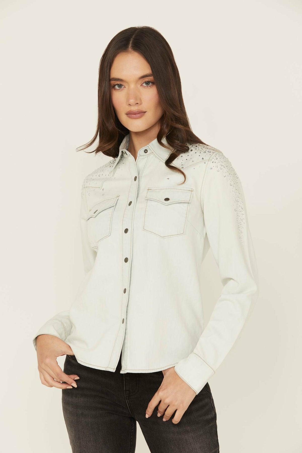 Idyllwind Women | Embellished Light Wash Long Sleeve Snap Denim Shirt