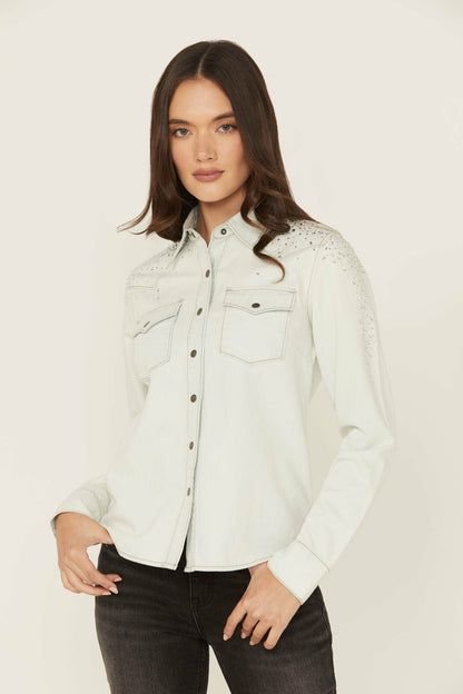 Idyllwind Women | Embellished Light Wash Long Sleeve Snap Denim Shirt