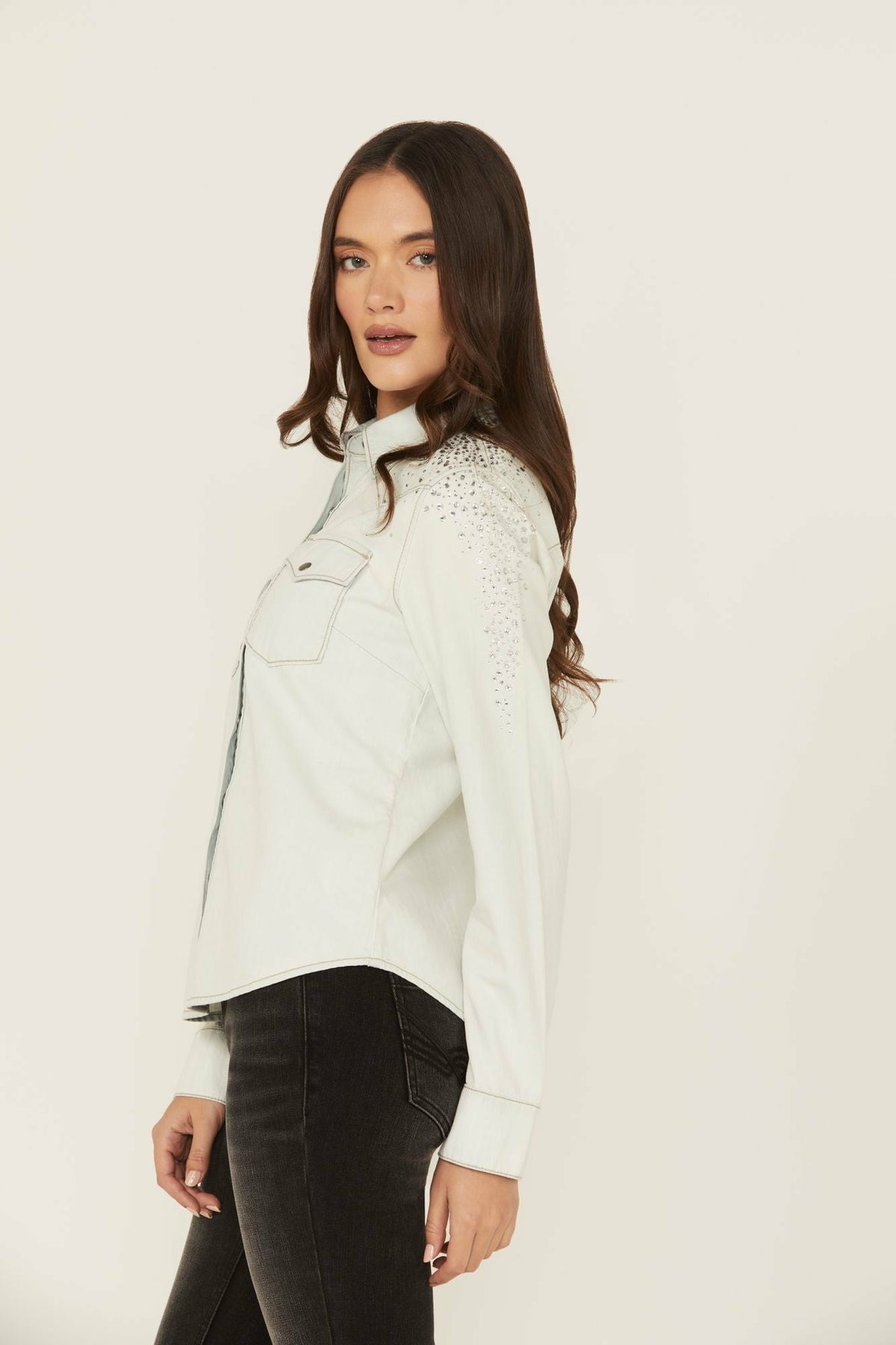 Idyllwind Women | Embellished Light Wash Long Sleeve Snap Denim Shirt