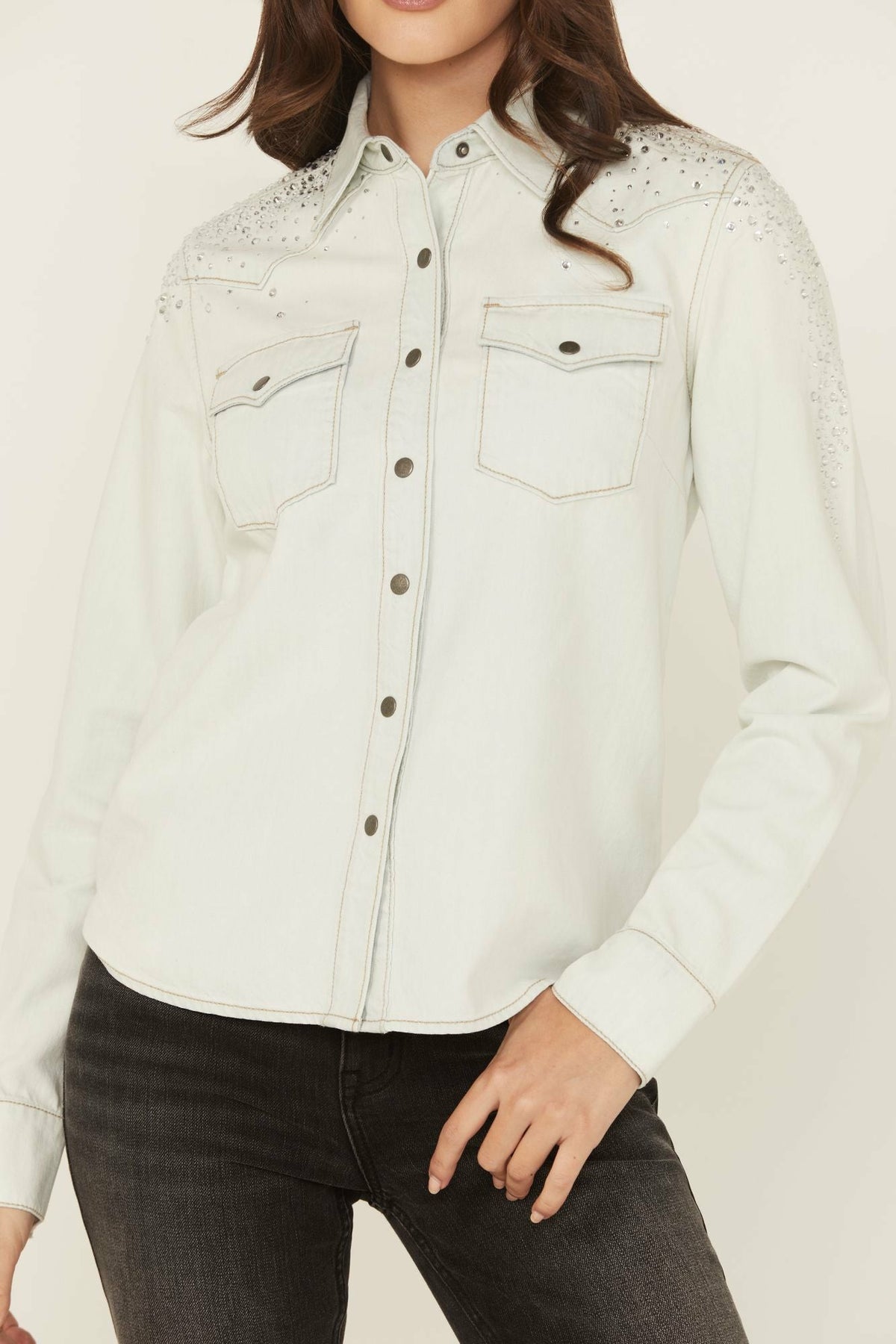 Idyllwind Women | Embellished Light Wash Long Sleeve Snap Denim Shirt