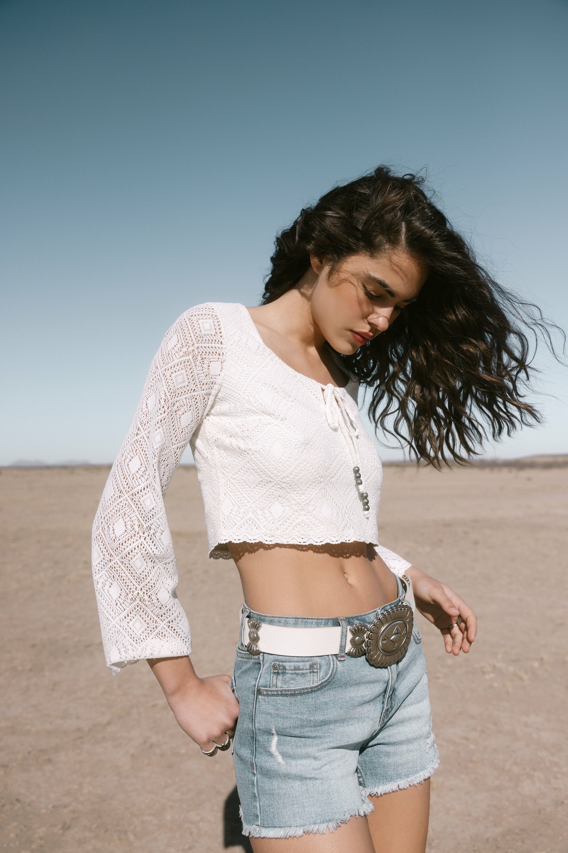 Idyllwind Women | Lacey Scoop Neck Bell Sleeve Crochet Top