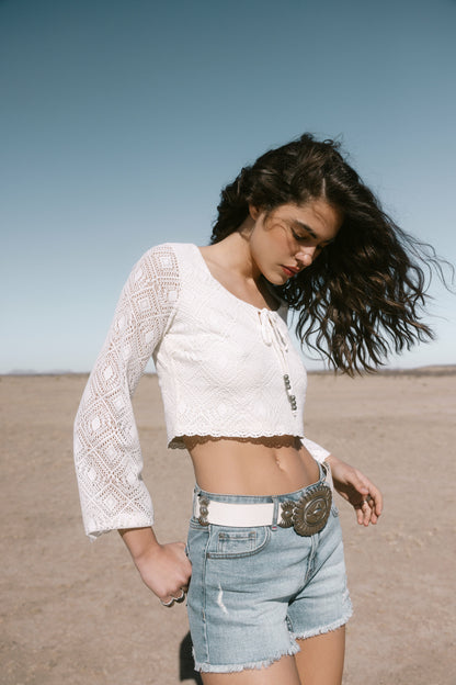 Idyllwind Women | Lacey Scoop Neck Bell Sleeve Crochet Top