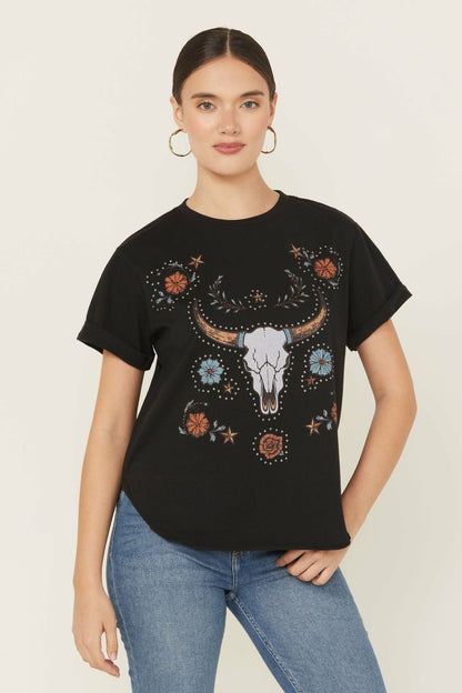 Idyllwind Women | Studded Bull Skull Short Sleeve Graphic Tee