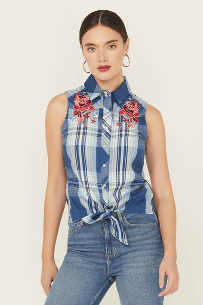 Idyllwind Women | Plaid Print Embroidered Front Sleeveless Snap Western Shirt