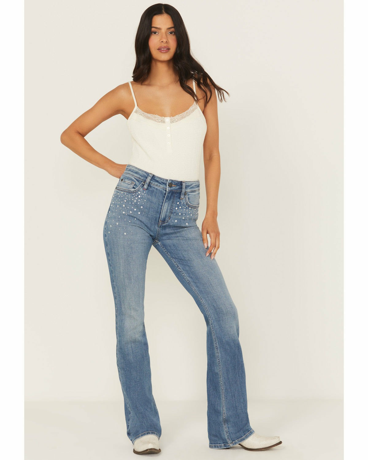 Idyllwind Women | Legend Medium Wash High Rise Rhinestone Studded Bootcut Super Stretch Denim Jeans