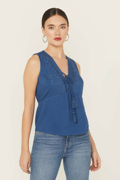 Idyllwind Women | Cedar Embroidered Tie-Front Sleeveless Top