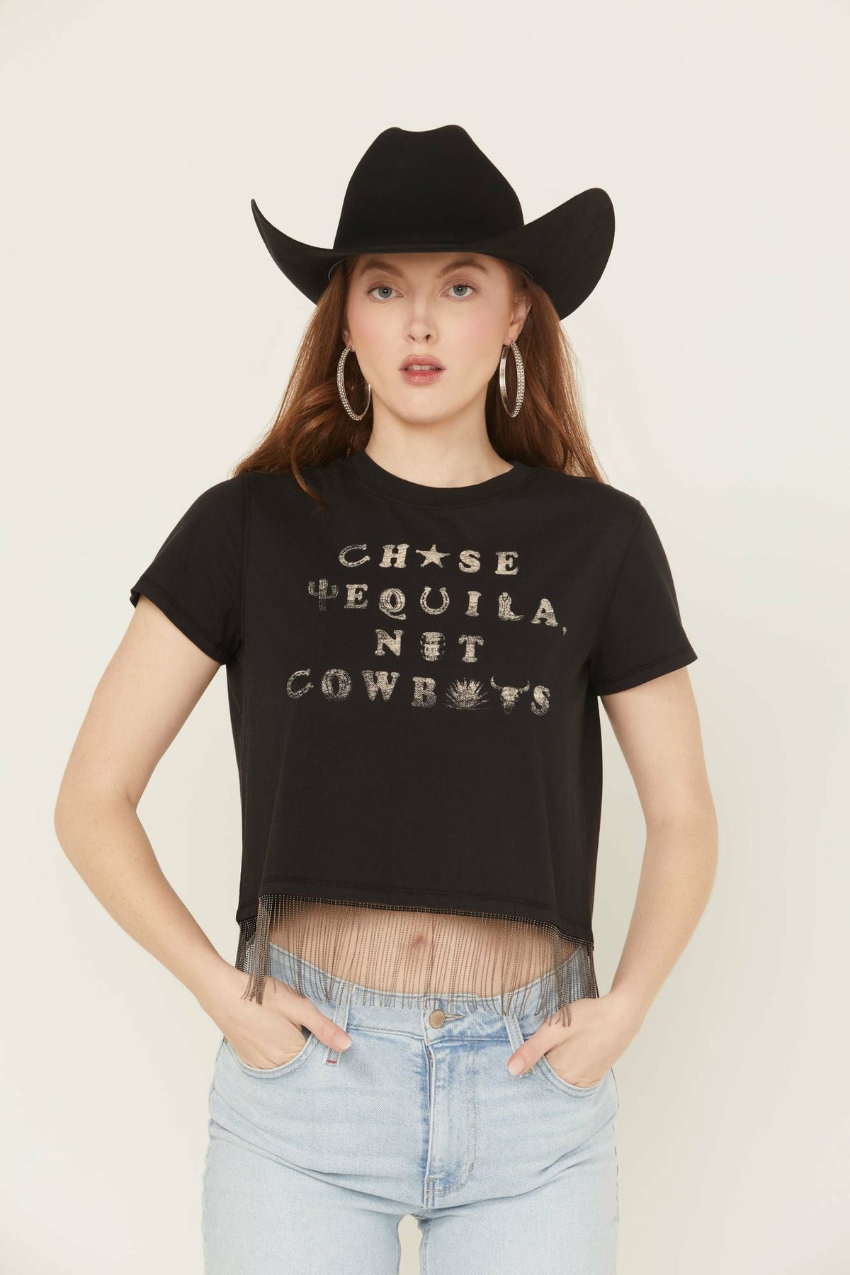 Idyllwind Women | Chase Tequila Ball Chain Fringe Short Sleeve Cropped Graphic Tee