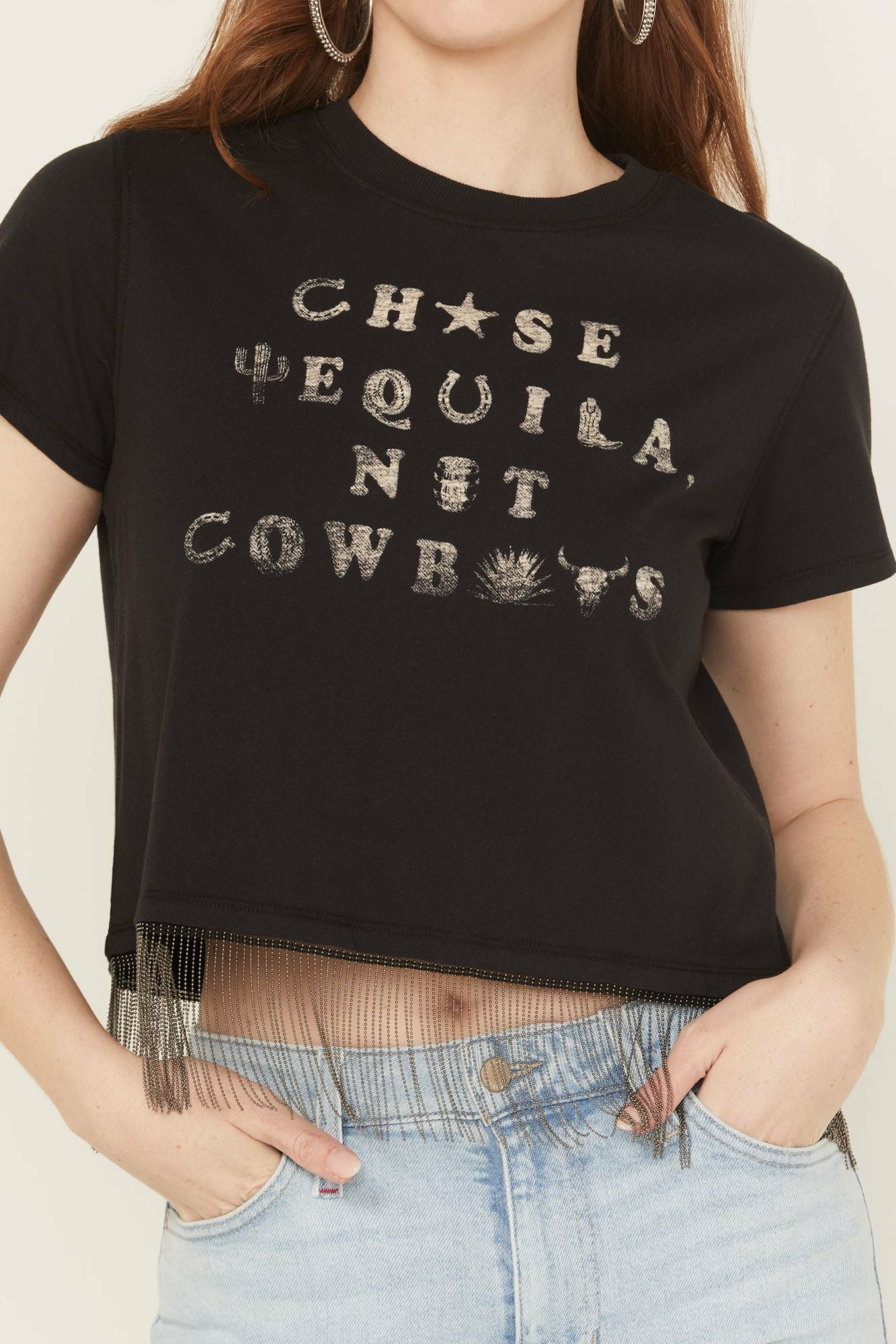 Idyllwind Women | Chase Tequila Ball Chain Fringe Short Sleeve Cropped Graphic Tee