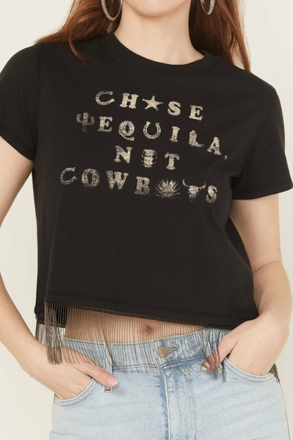 Idyllwind Women | Chase Tequila Ball Chain Fringe Short Sleeve Cropped Graphic Tee