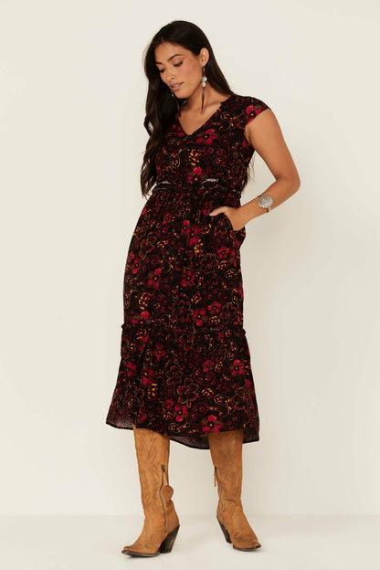 Idyllwind Women | Black Floral Willow Branch Midi Dress