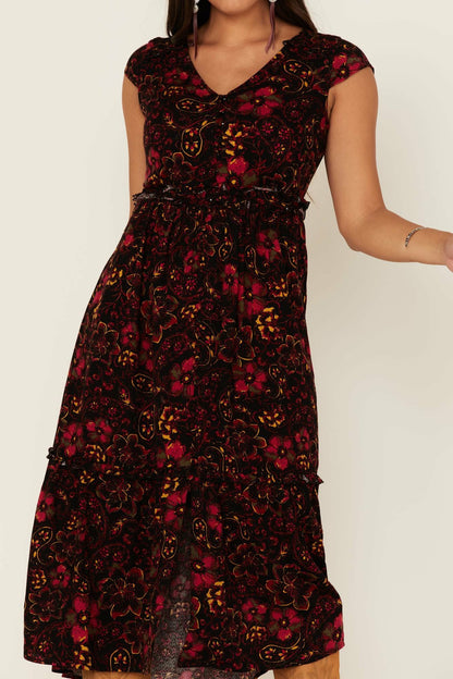 Idyllwind Women | Black Floral Willow Branch Midi Dress