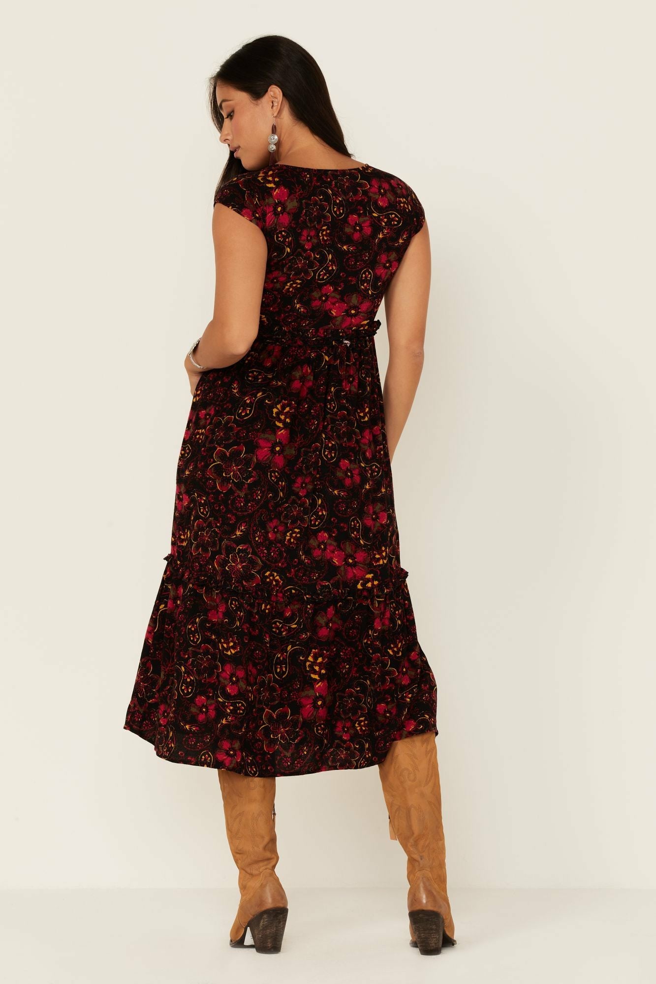 Idyllwind Women | Black Floral Willow Branch Midi Dress