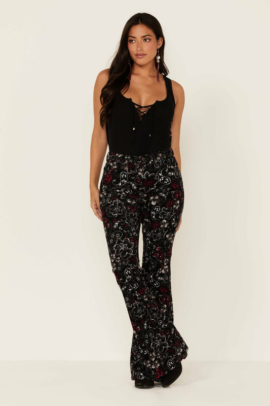 Idyllwind Women | Black Floral Print High Rise Flare Cords