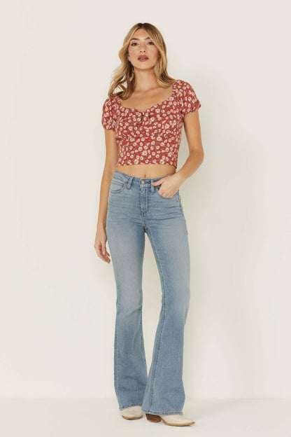 Idyllwind Women | Bay Cove Brick Red Floral Crop Peasant Top