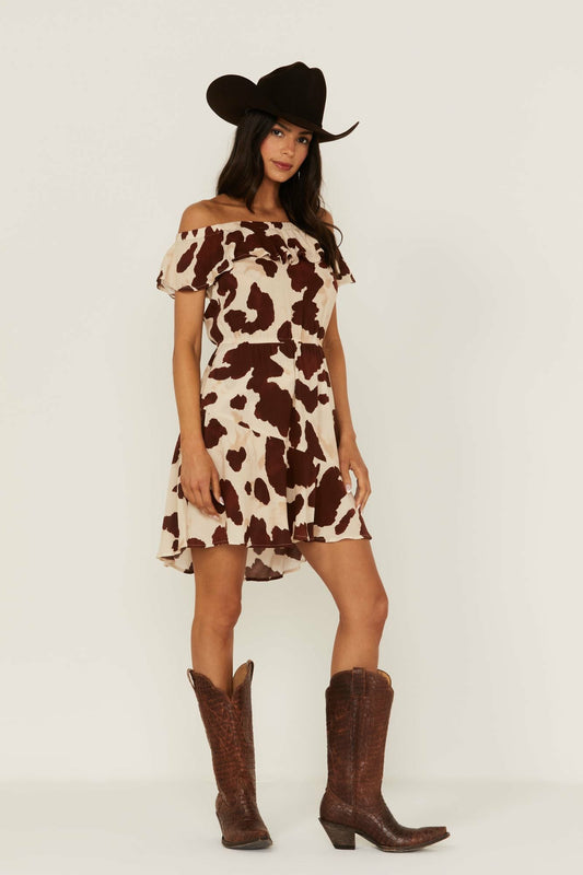 Idyllwind Women | Made For This Off-Shoulder Cow Print Dress