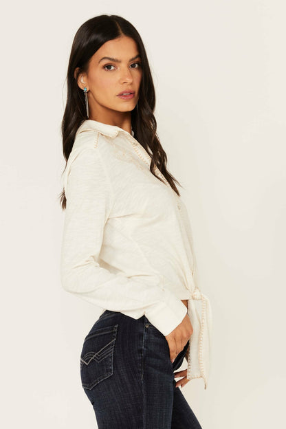 Idyllwind Women | Embroidered Tie Front Knit Long Sleeve Western Snap Top