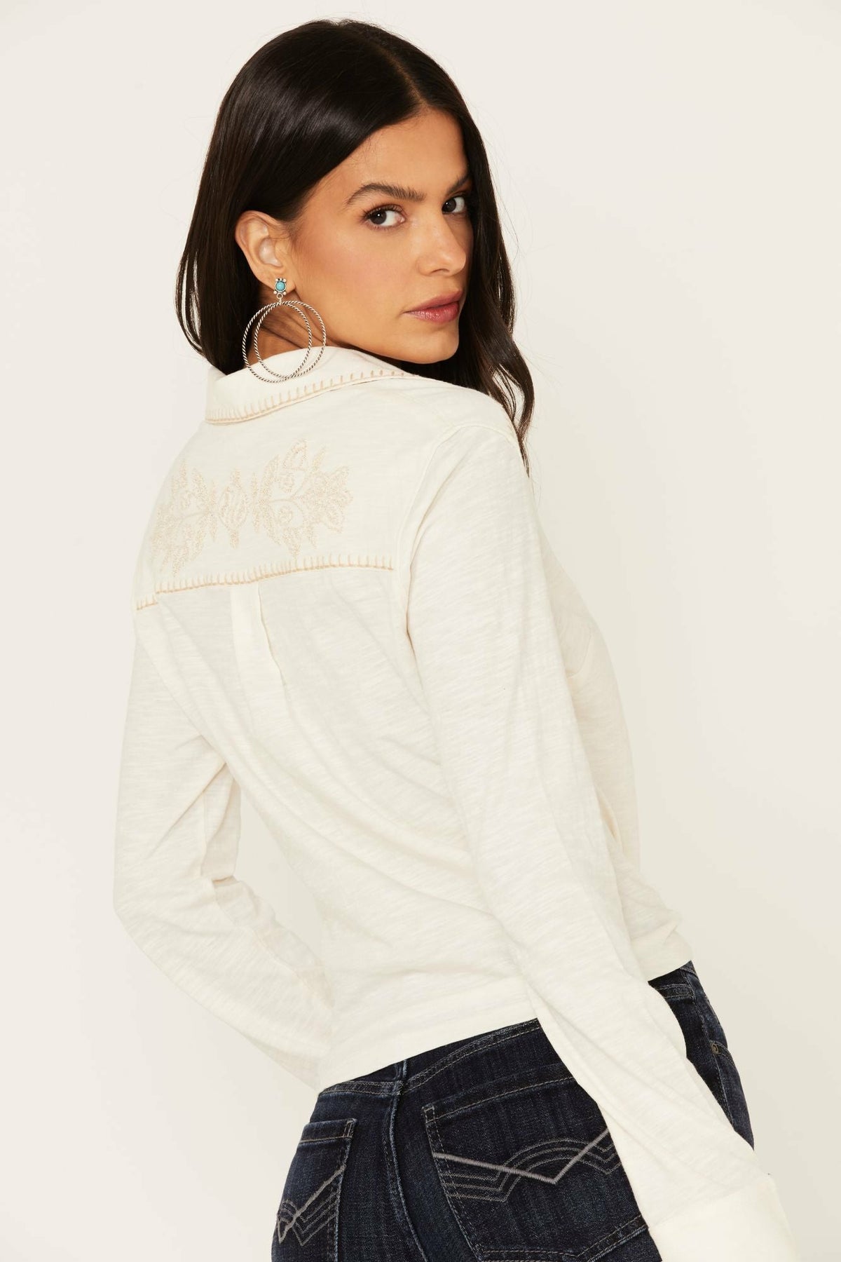 Idyllwind Women | Embroidered Tie Front Knit Long Sleeve Western Snap Top
