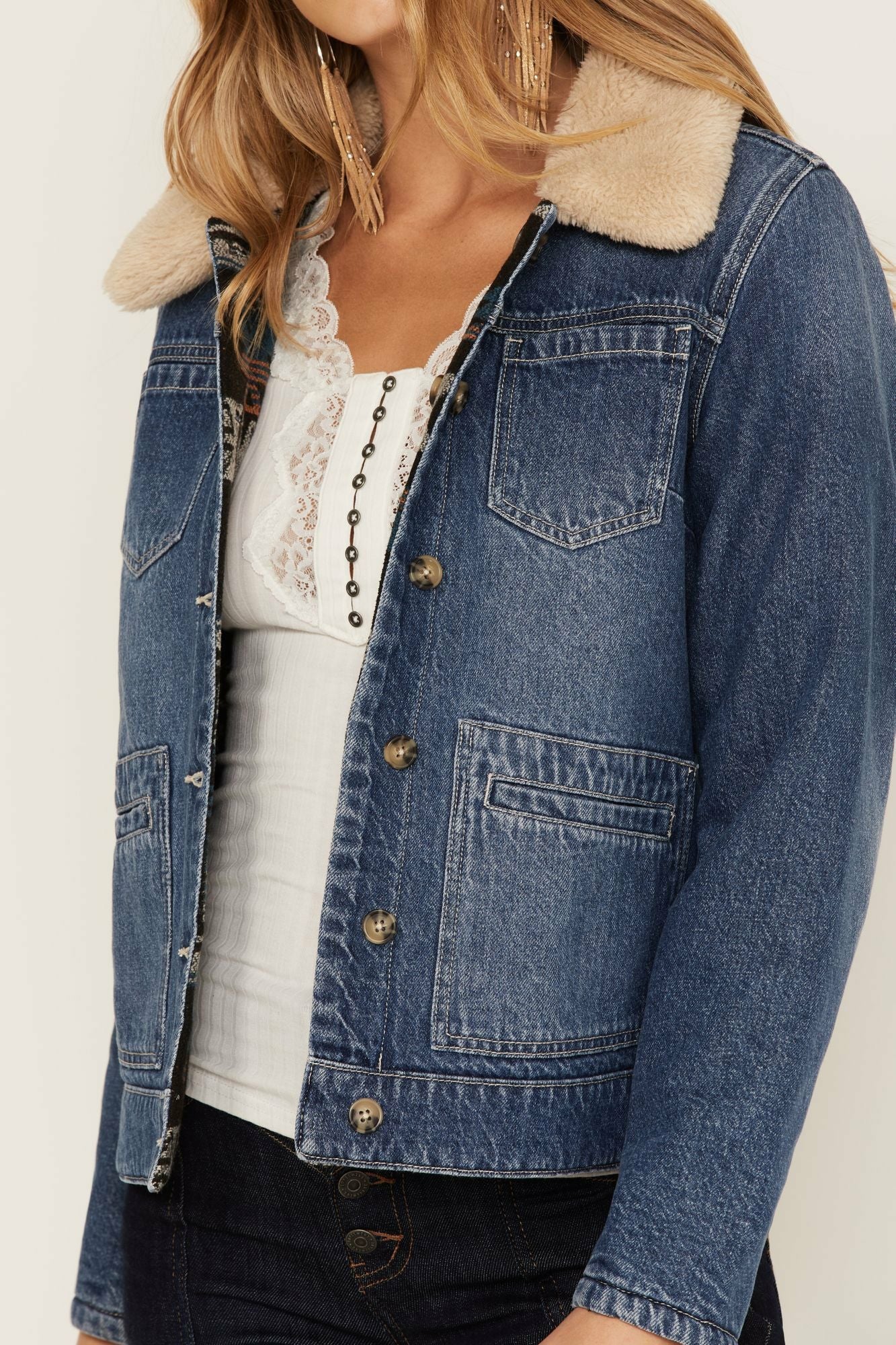 Idyllwind Women | Medium Wash Reversible Sherpa Blanket Denim Jacket