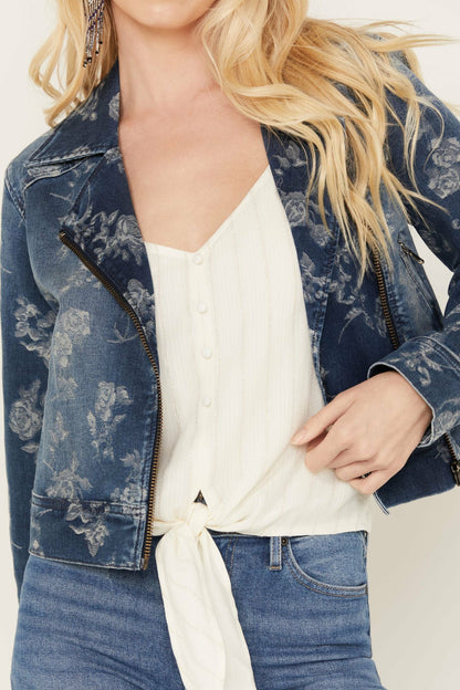 Idyllwind Women | Floral Drive Print Denim Moto Jacket