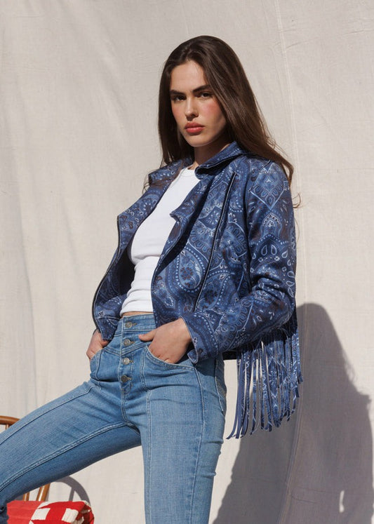 Idyllwind Women | Banbury Printed Faux Suede Fringe Moto Jacket