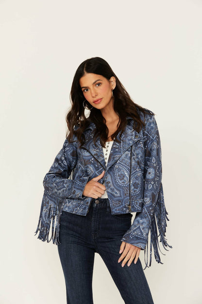 Idyllwind Women | Banbury Printed Faux Suede Fringe Moto Jacket