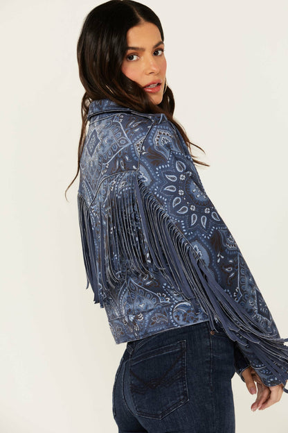 Idyllwind Women | Banbury Printed Faux Suede Fringe Moto Jacket