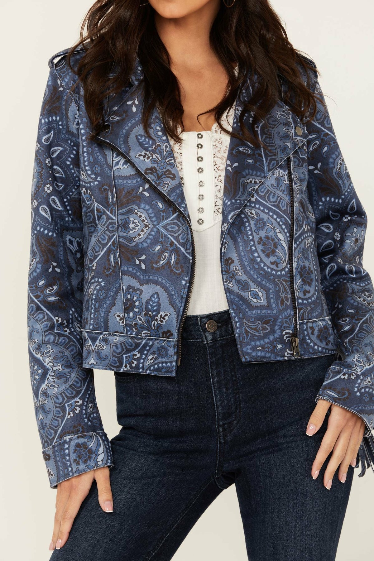 Idyllwind Women | Banbury Printed Faux Suede Fringe Moto Jacket