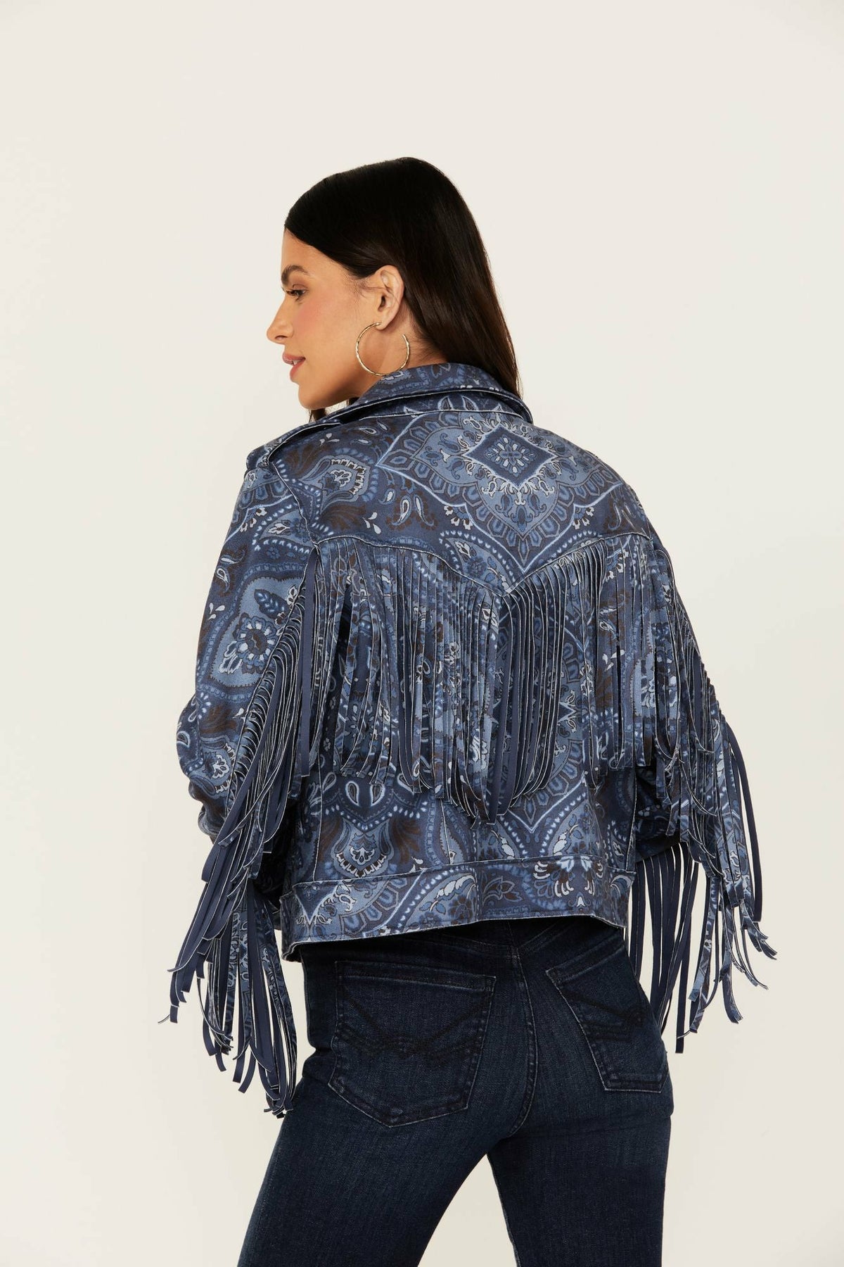 Idyllwind Women | Banbury Printed Faux Suede Fringe Moto Jacket