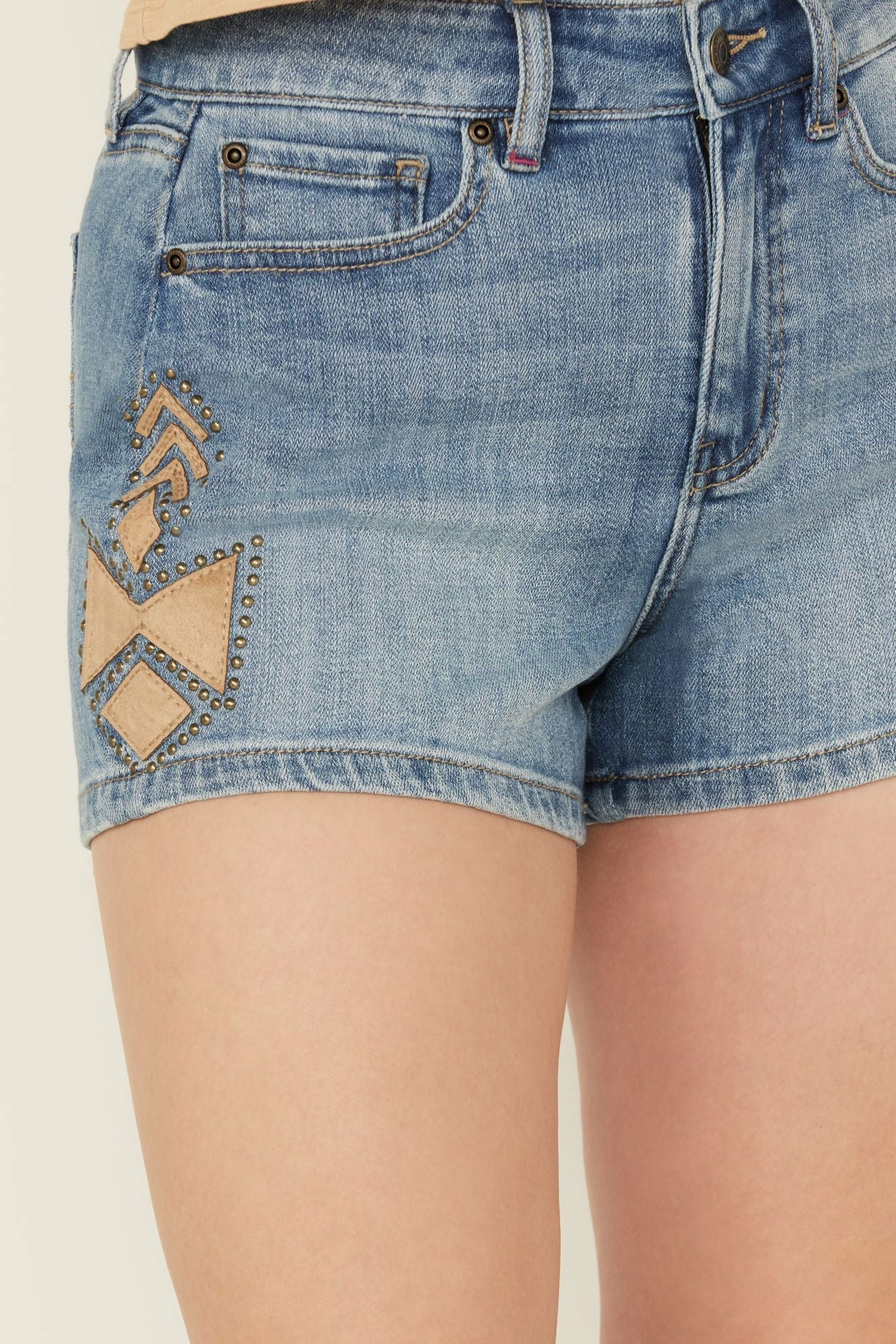 Idyllwind Women | Medium Wash Gypsy High Rise Faux Suede Embellished Comfort Stretch Denim Shorts