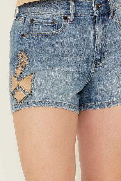 Idyllwind Women | Medium Wash Gypsy High Rise Faux Suede Embellished Comfort Stretch Denim Shorts