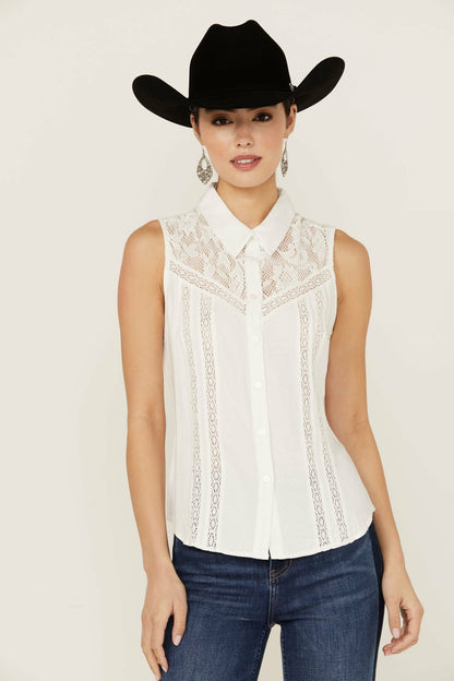 Idyllwind Women | Cobble Lace Yoke Sleeveless Button-Down Top