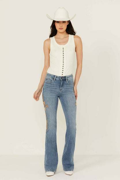 Idyllwind Women | Ellis Medium Wash Gypsy High Rise Faux Suede Embellished Bootcut Comfort Stretch Denim Jeans