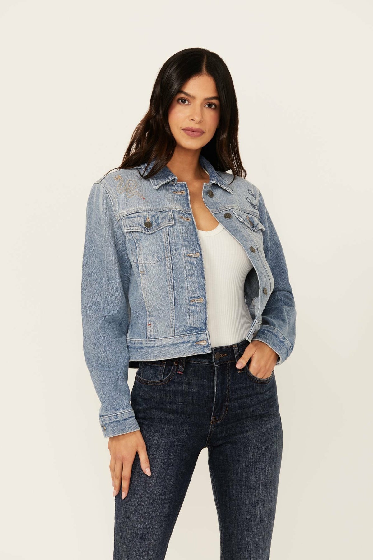 Idyllwind Women | Western Cowboy Embroidered Rigid Medium Wash Trucker Jacket
