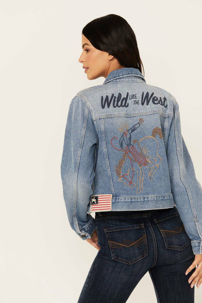 Idyllwind Women | Western Cowboy Embroidered Rigid Medium Wash Trucker Jacket