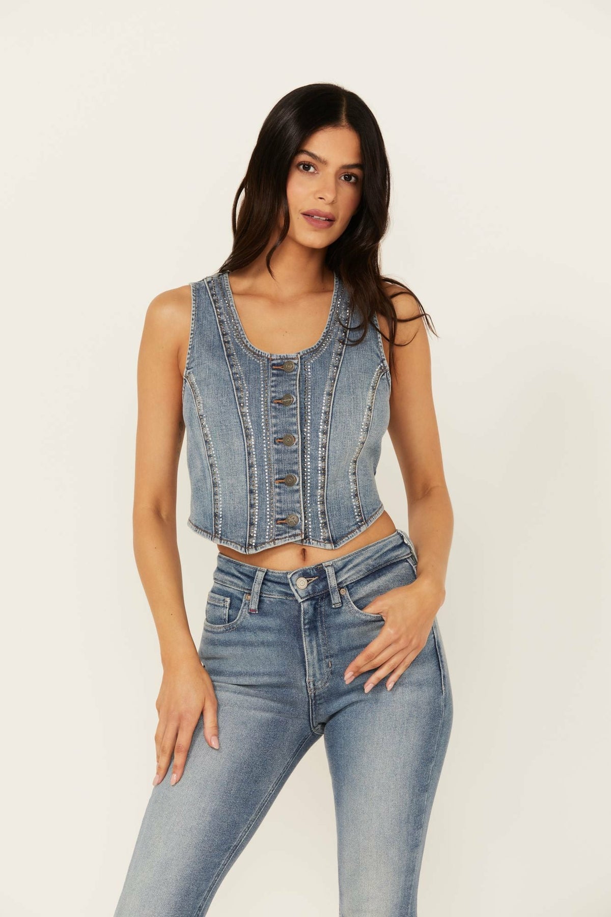 Idyllwind Women | Medium Wash Embellished Stretch Denim Vest