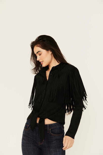 Idyllwind Women | Fate Faux Suede Fringe Long Sleeve Button-Down Tie-Front Shirt