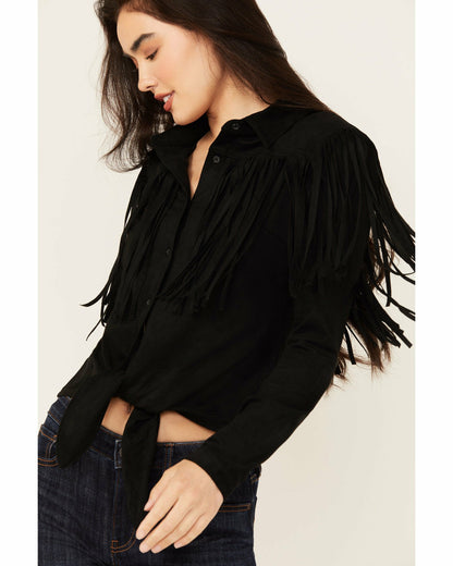 Idyllwind Women | Fate Faux Suede Fringe Long Sleeve Button-Down Tie-Front Shirt