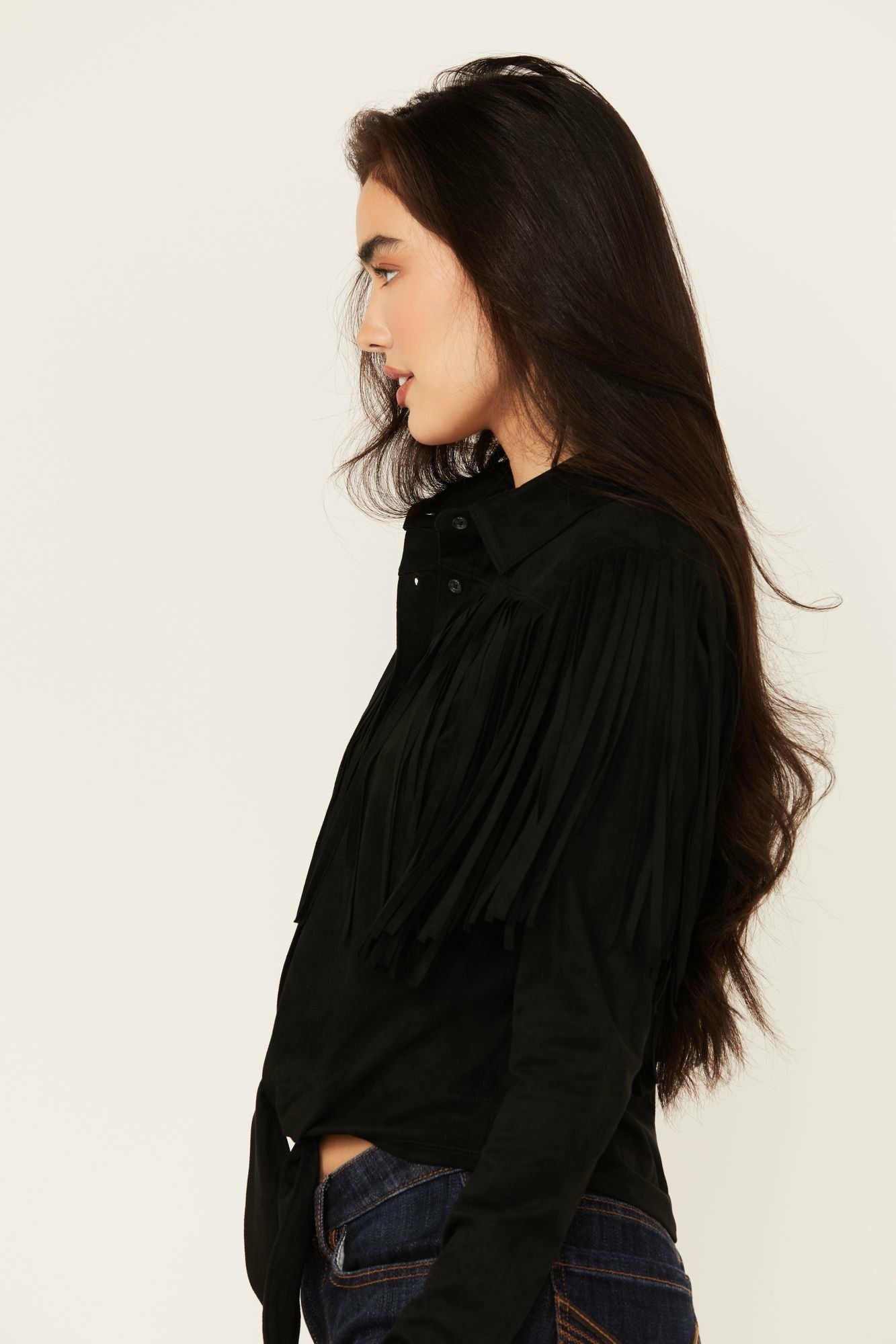 Idyllwind Women | Fate Faux Suede Fringe Long Sleeve Button-Down Tie-Front Shirt