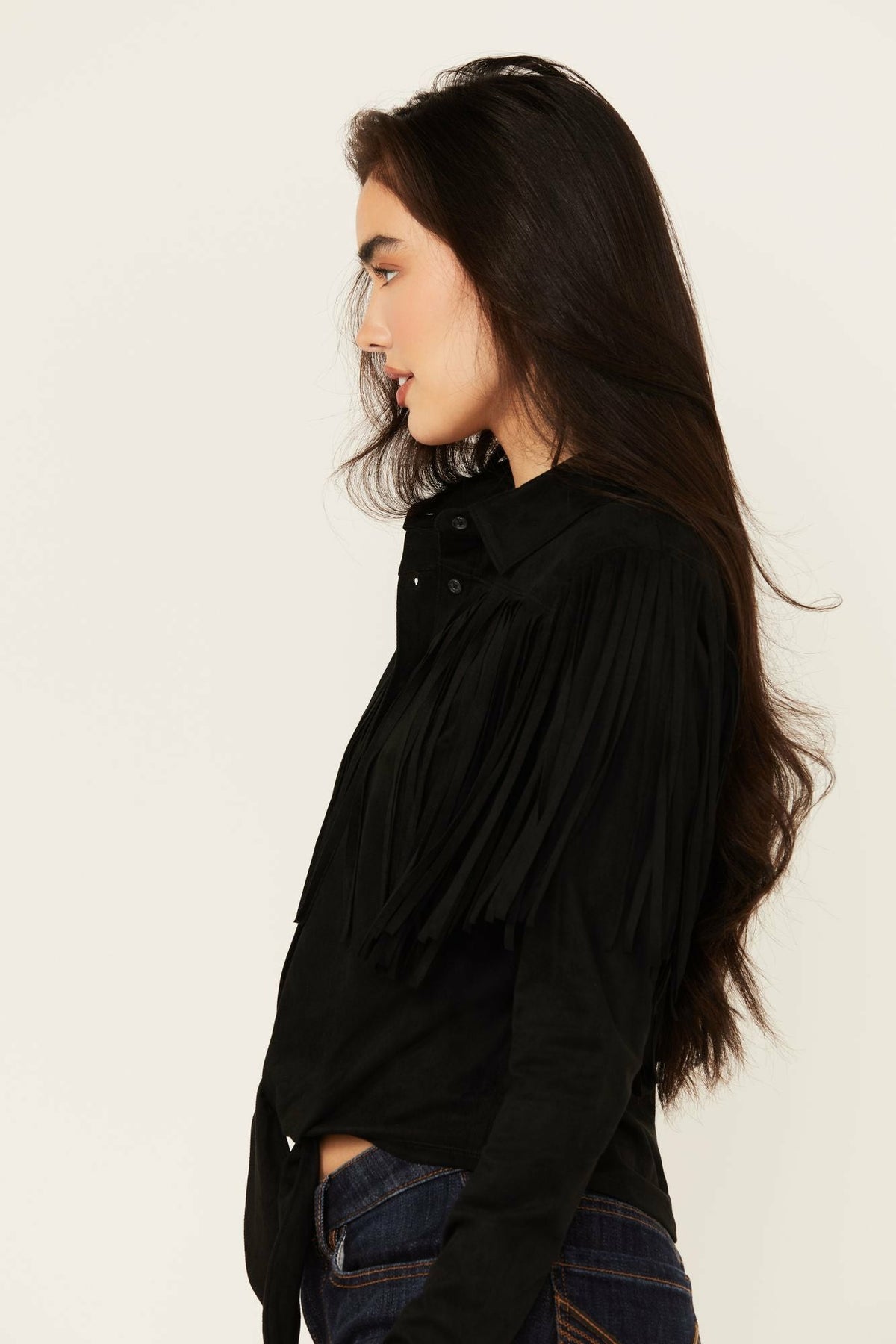 Idyllwind Women | Fate Faux Suede Fringe Long Sleeve Button-Down Tie-Front Shirt