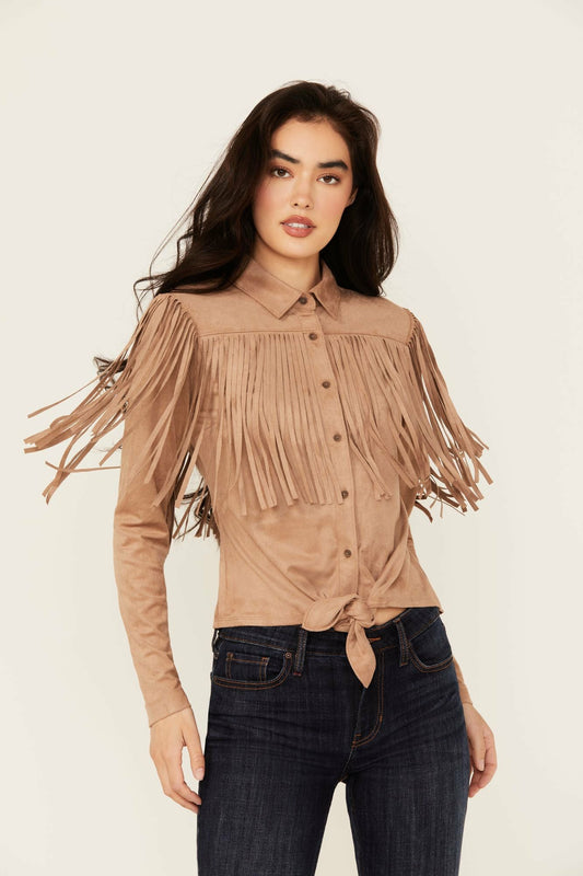 Idyllwind Women | Fate Faux Suede Fringe Long Sleeve Button-Down Tie-Front Shirt